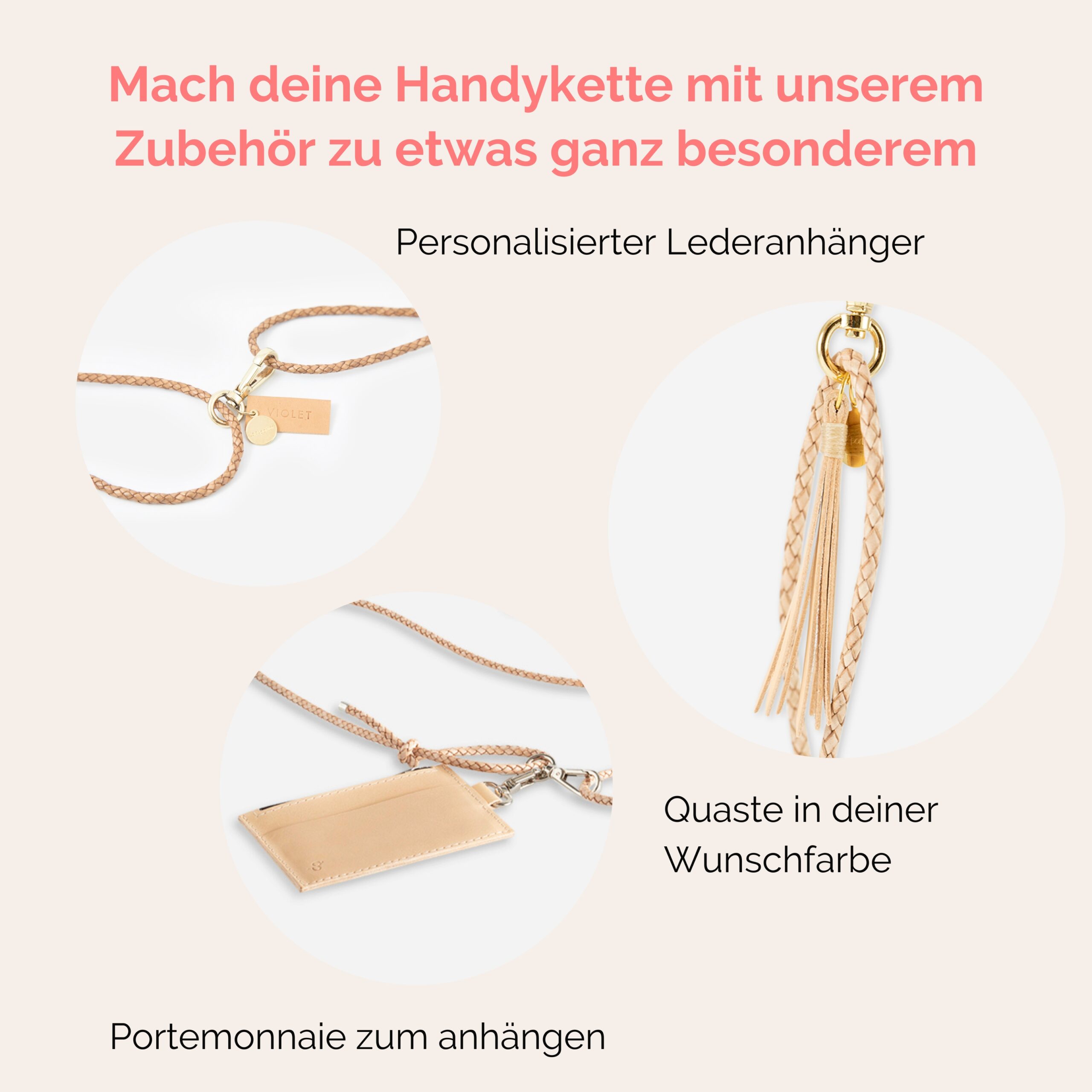 Handykette Leder mit geflochtener Lederkordel Romy in natur