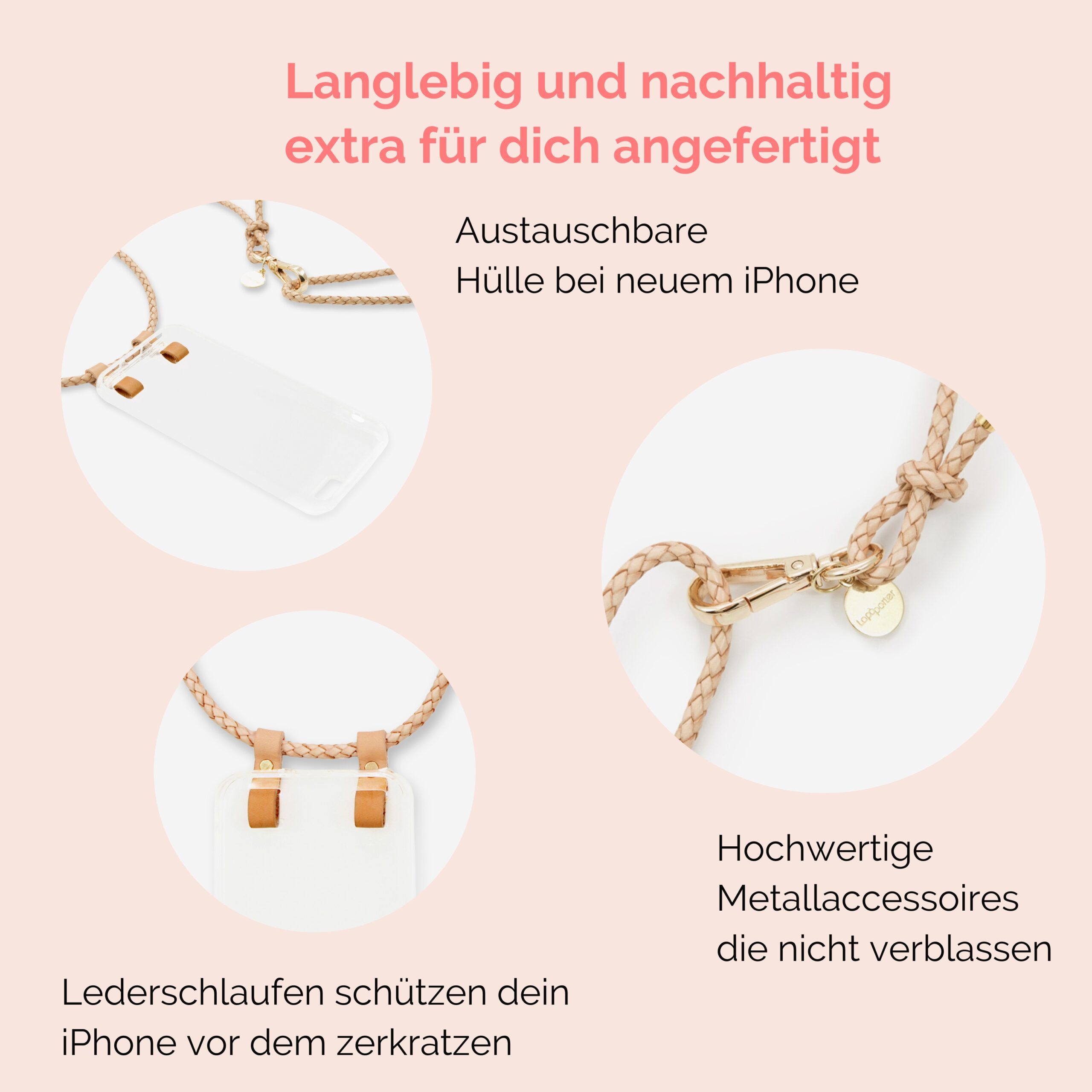 Handykette Leder mit geflochtener Lederkordel Romy in natur