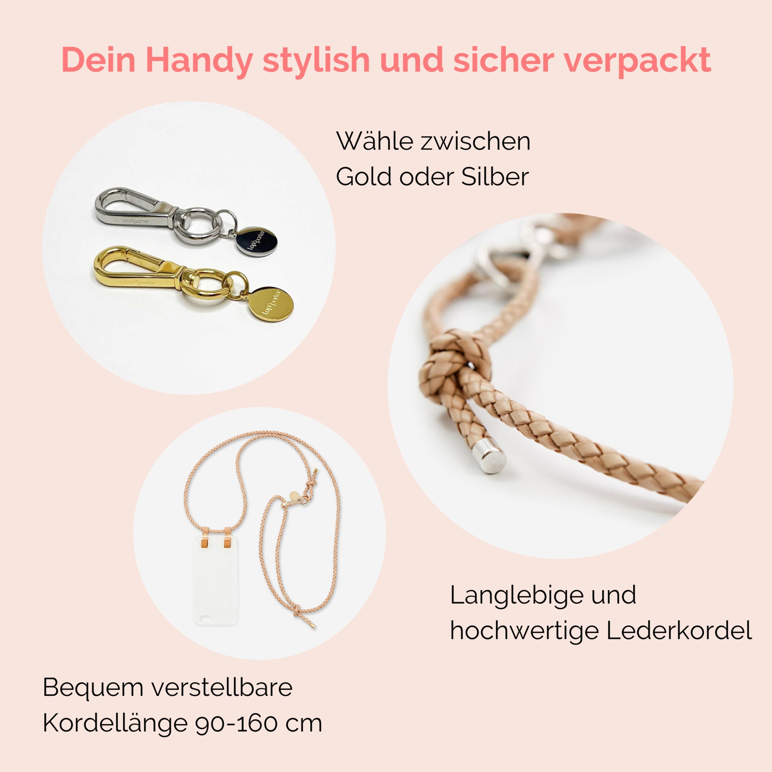 Handykette Leder mit geflochtener Lederkordel Romy in natur