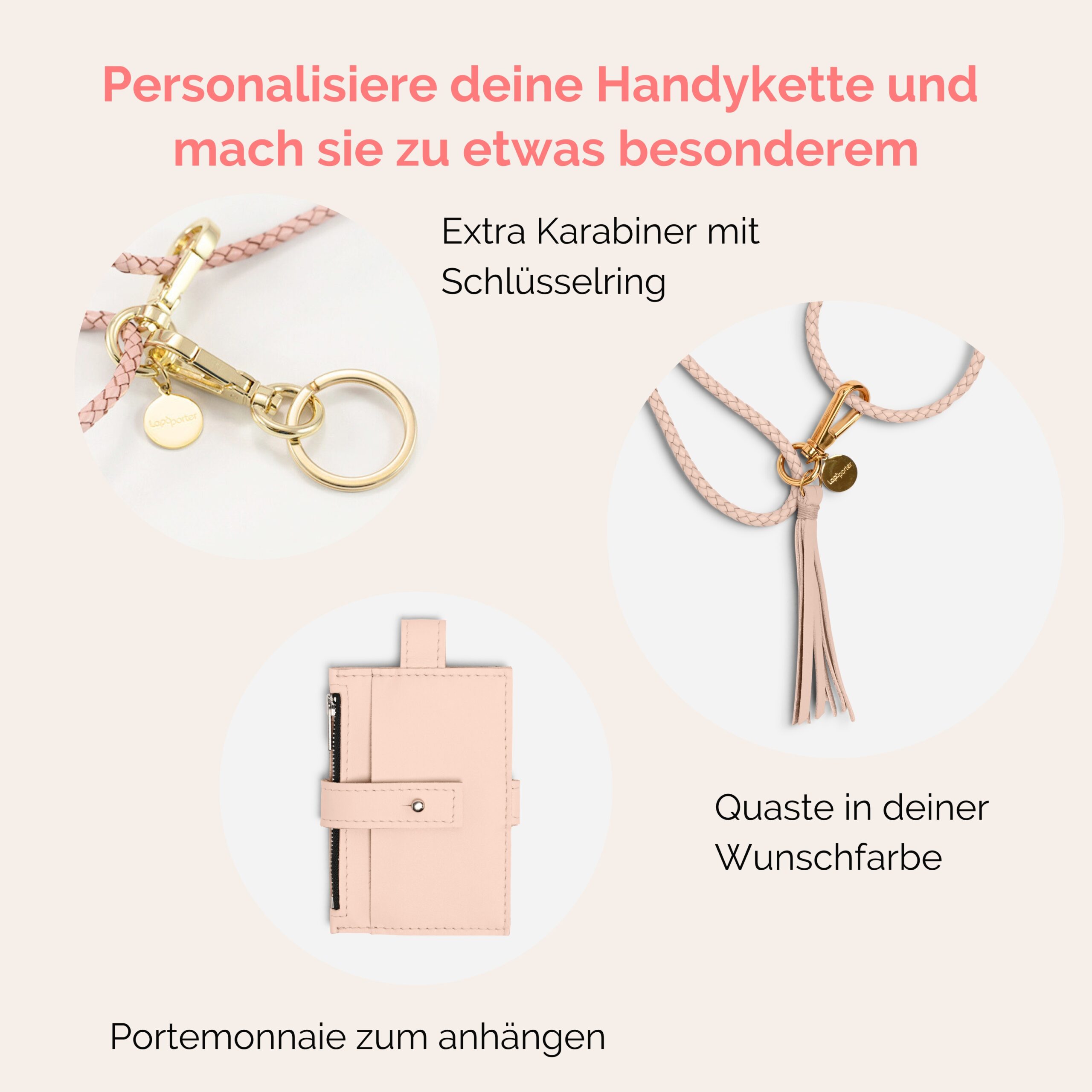 Handykette Leder mit geflochtener Lederkordel Romy in rosé