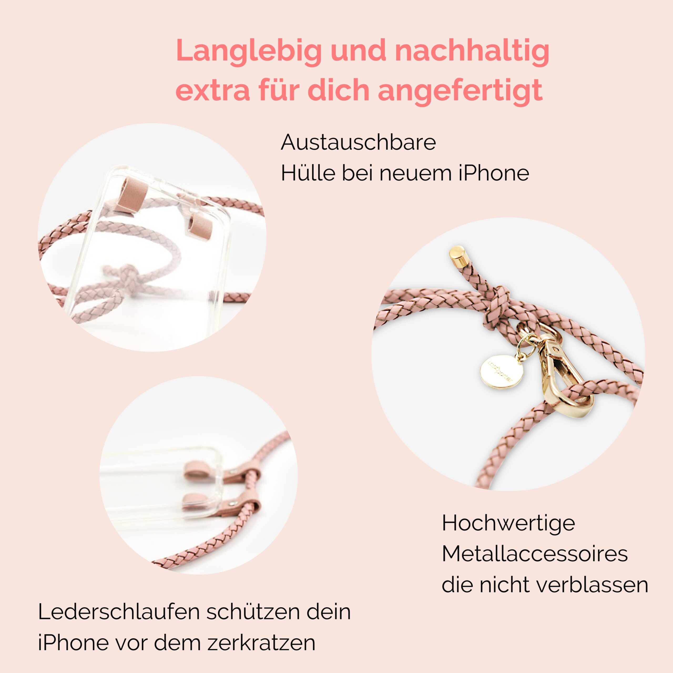 Handykette Leder mit geflochtener Lederkordel Romy in rosé