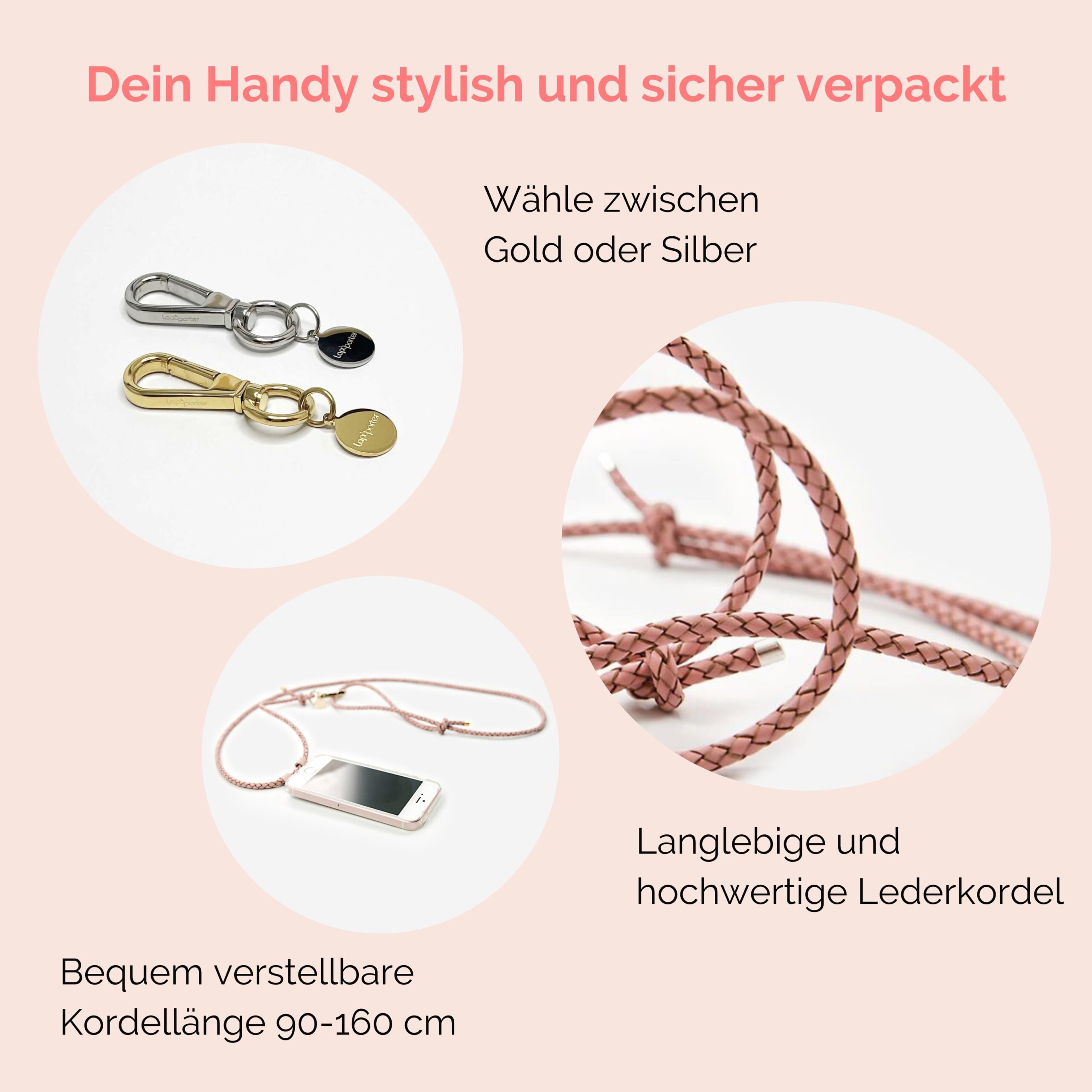 Handykette Leder mit geflochtener Lederkordel Romy in rosé
