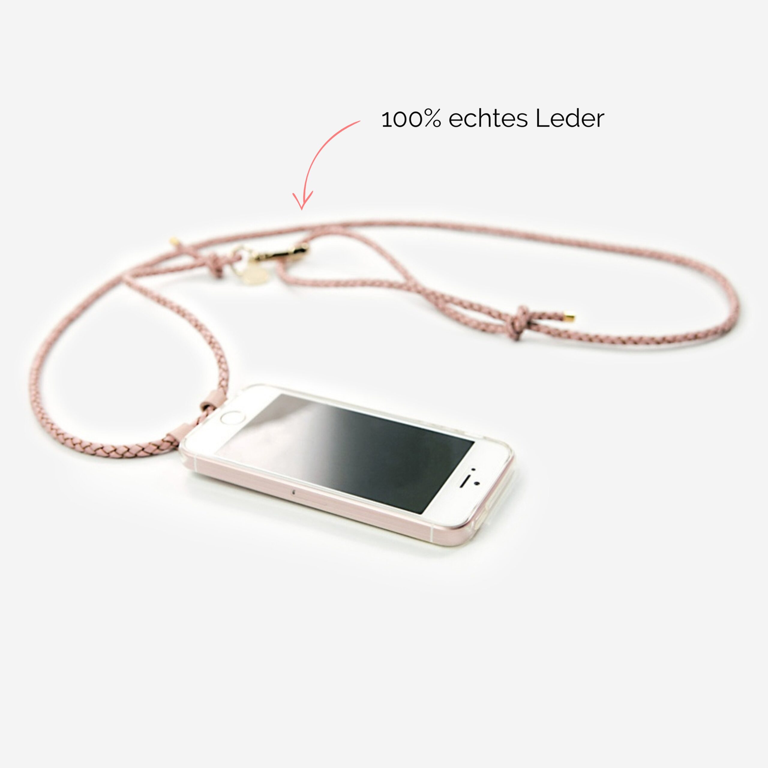Handykette Leder mit geflochtener Lederkordel Romy in rosé