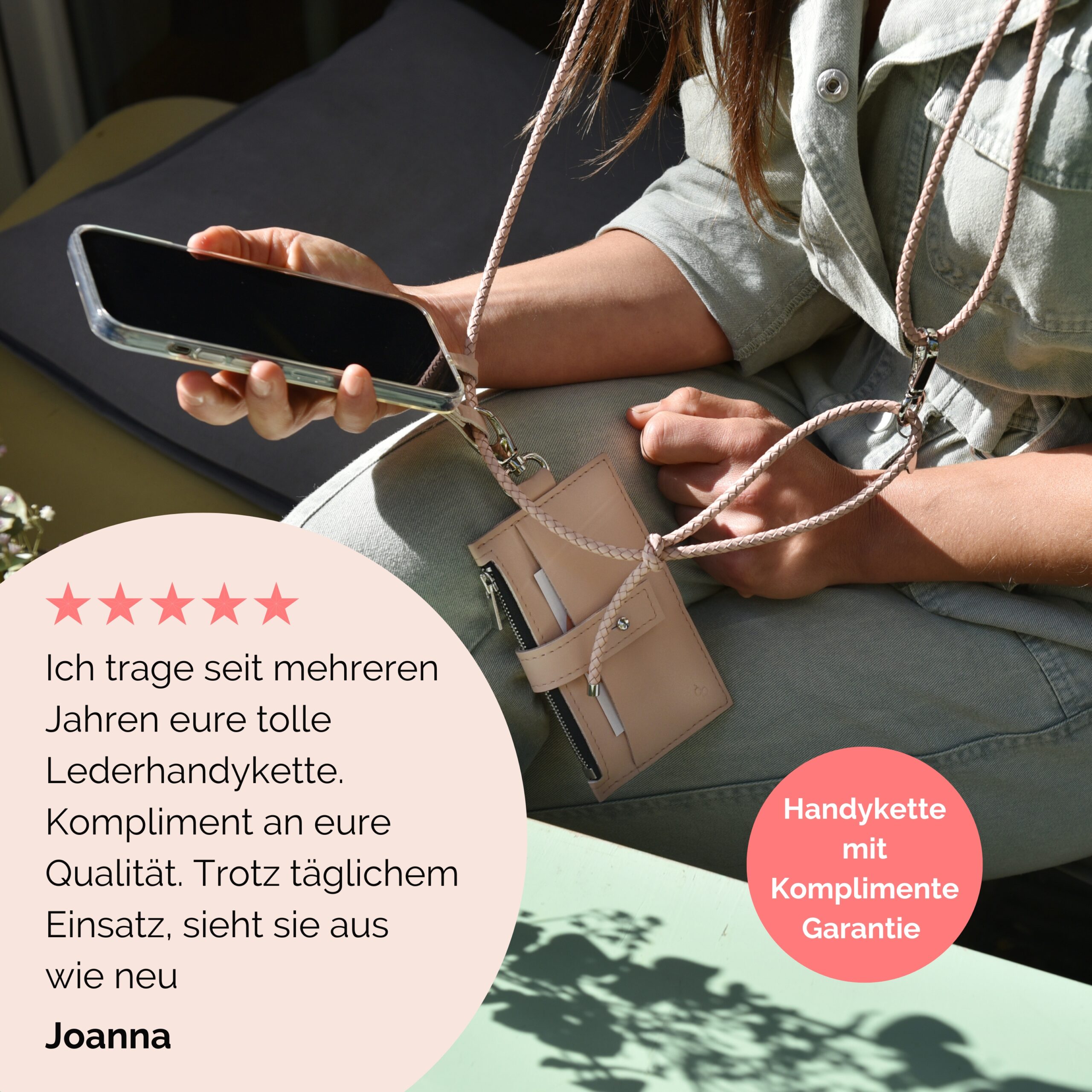 Handykette Leder mit geflochtener Lederkordel Romy in rosé