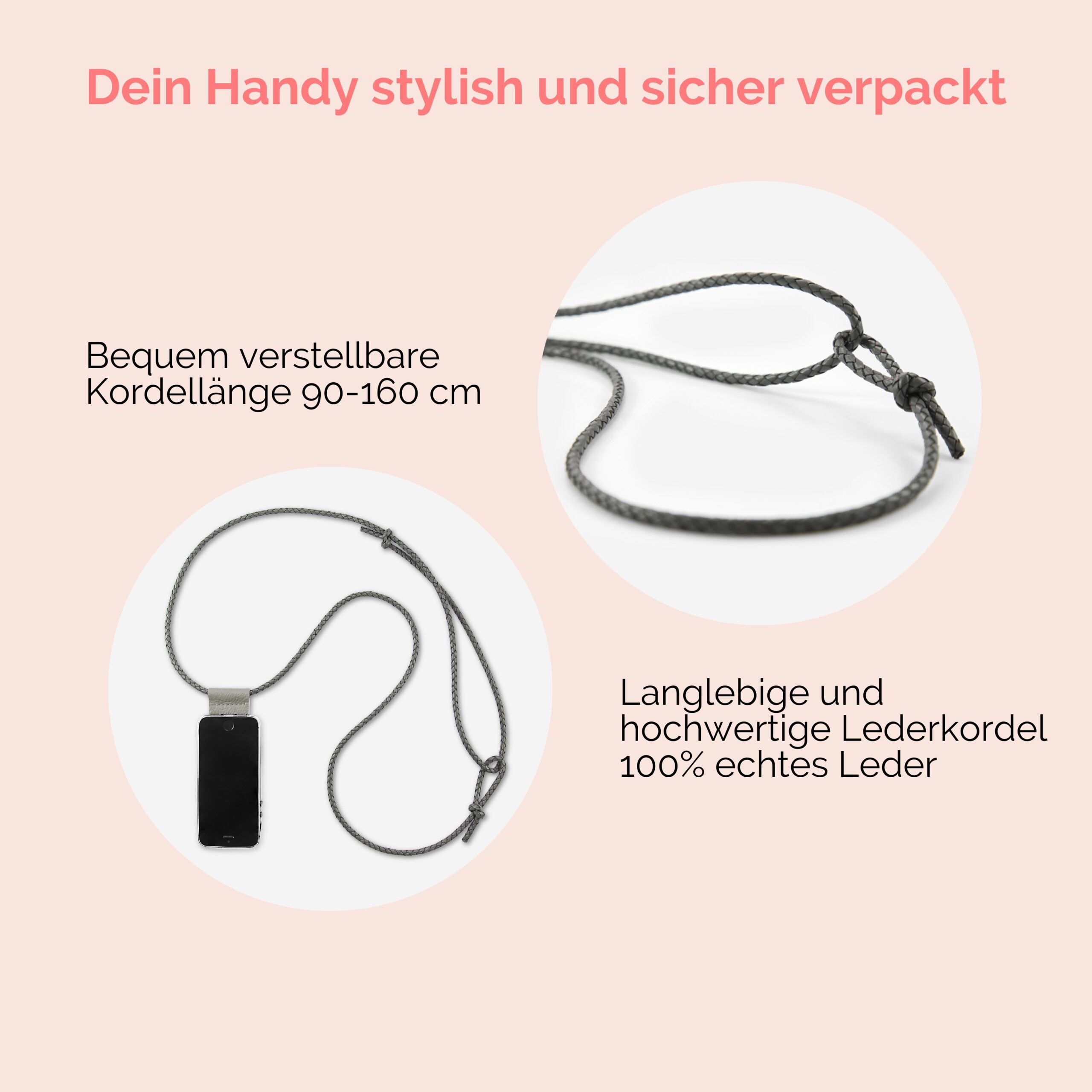 Handykette Leder mit geflochtener Lederkordel Zaha in grau