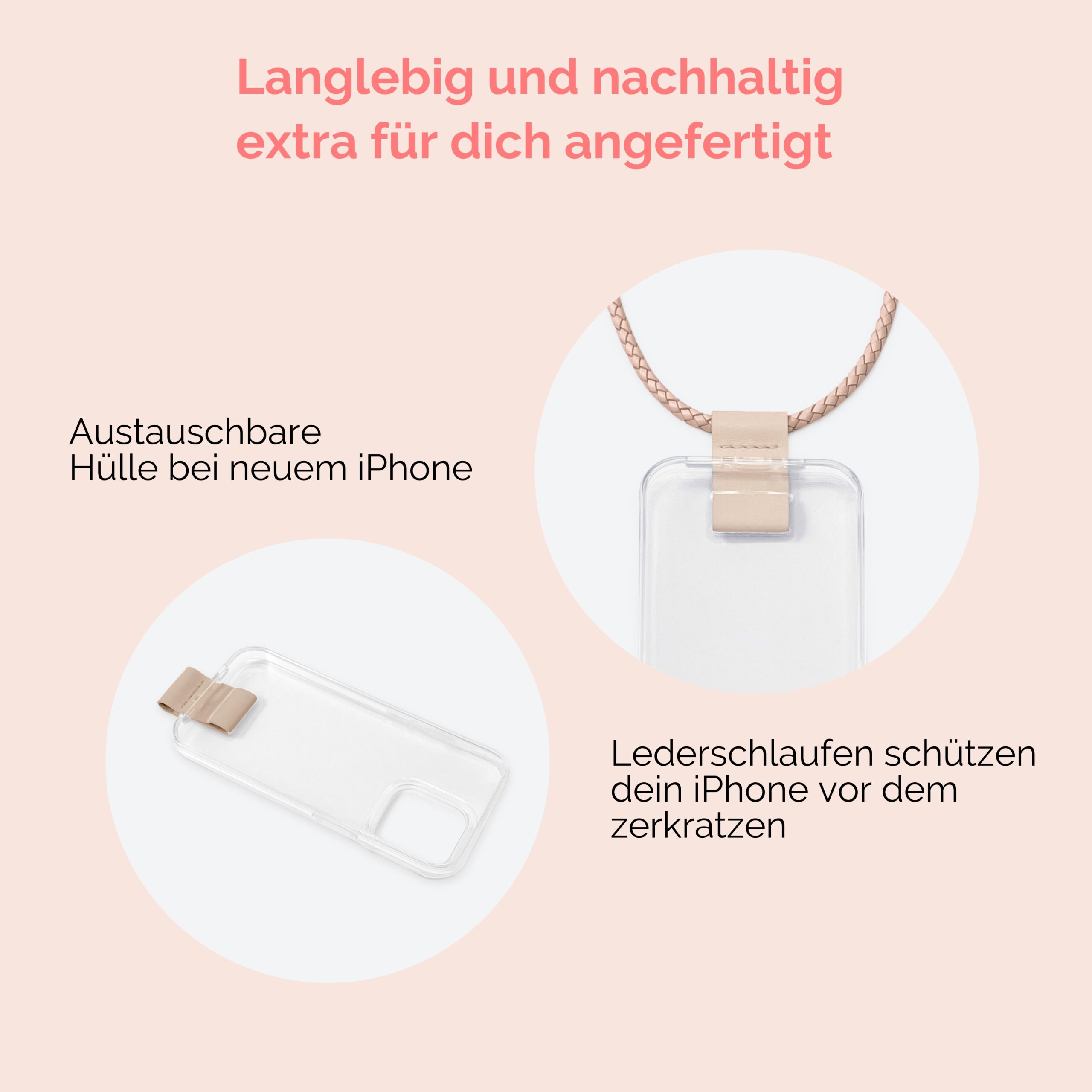 Handykette Leder mit geflochtener Lederkordel Zaha in rosé