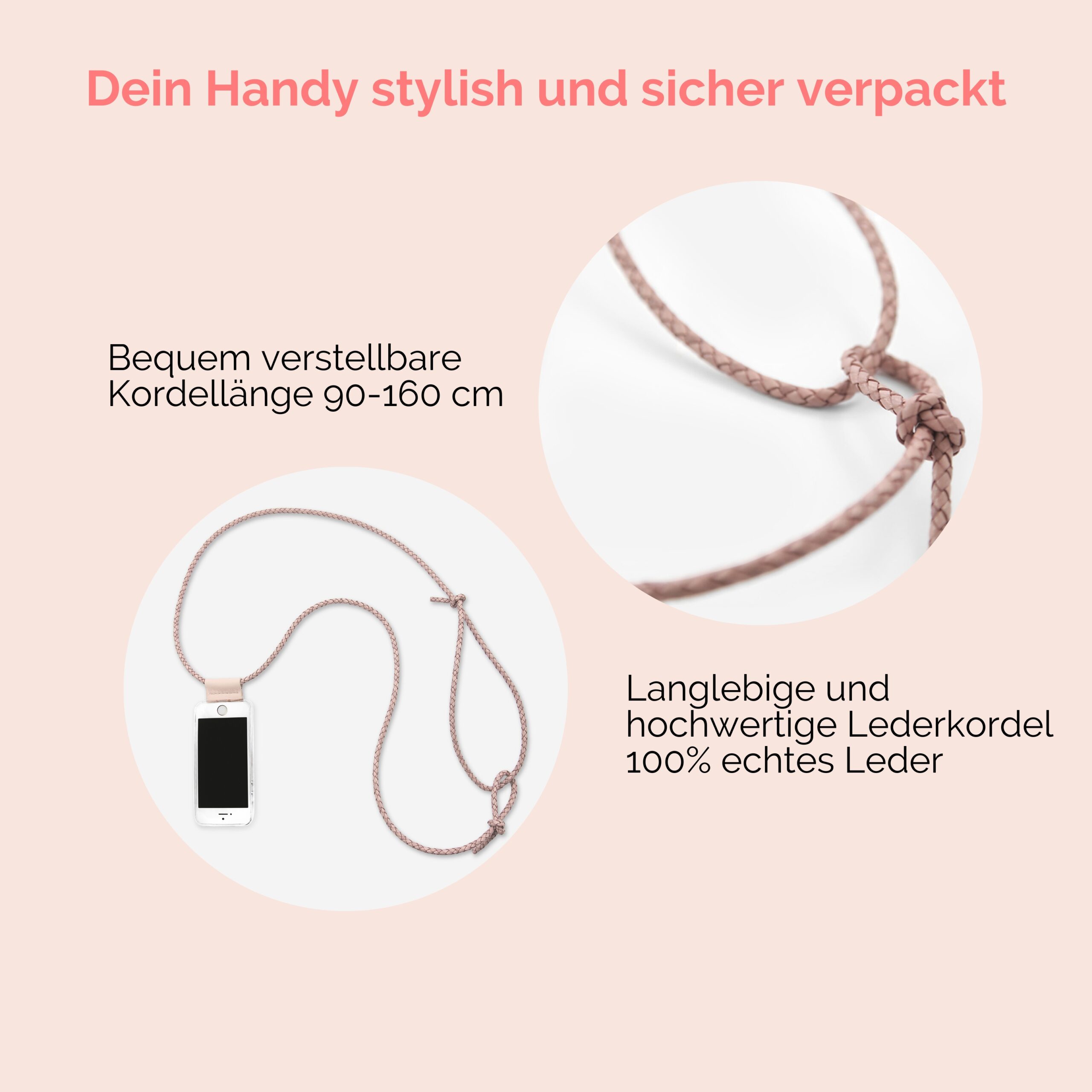 Handykette Leder mit geflochtener Lederkordel Zaha in rosé