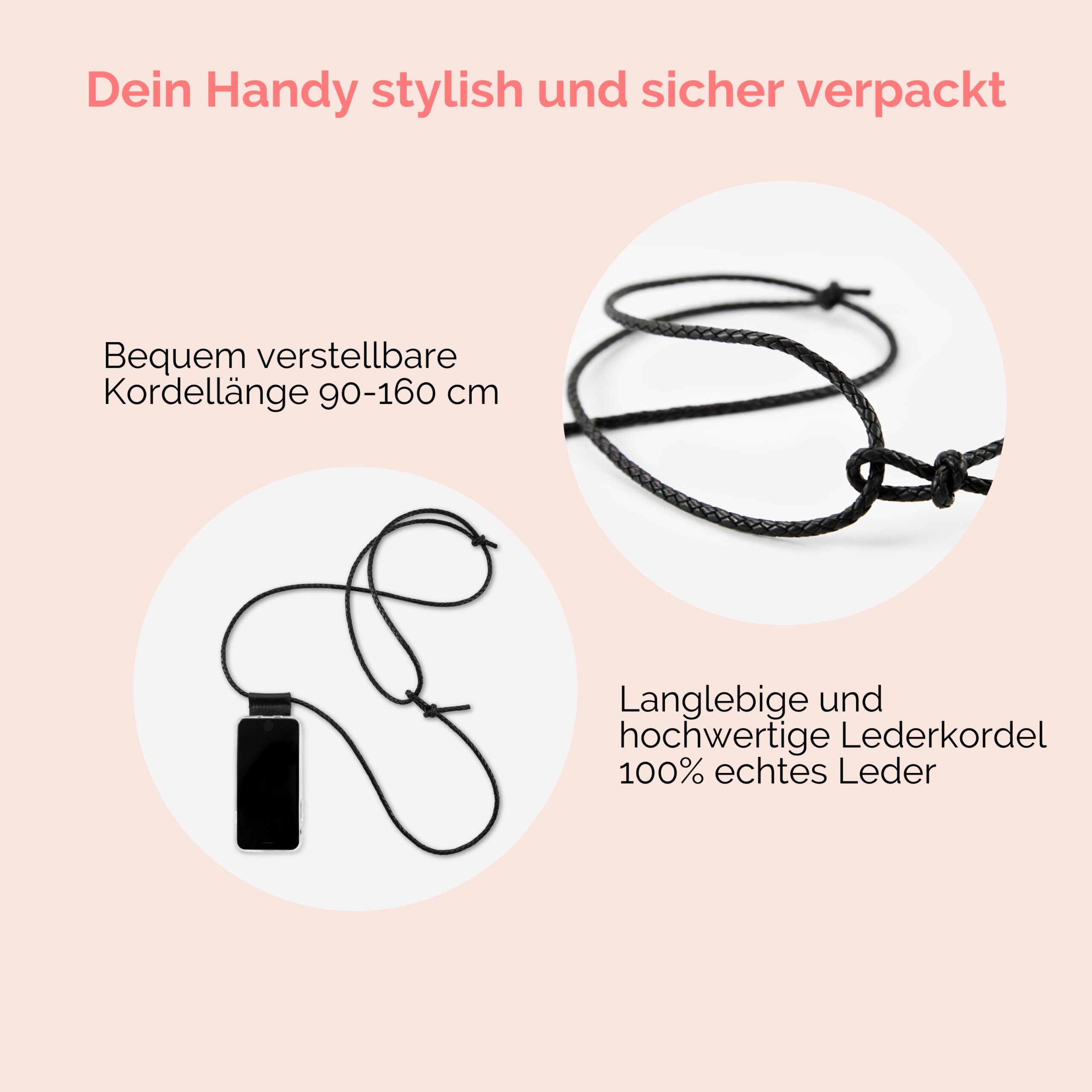 Handykette Leder mit geflochtener Lederkordel Zaha in schwarz