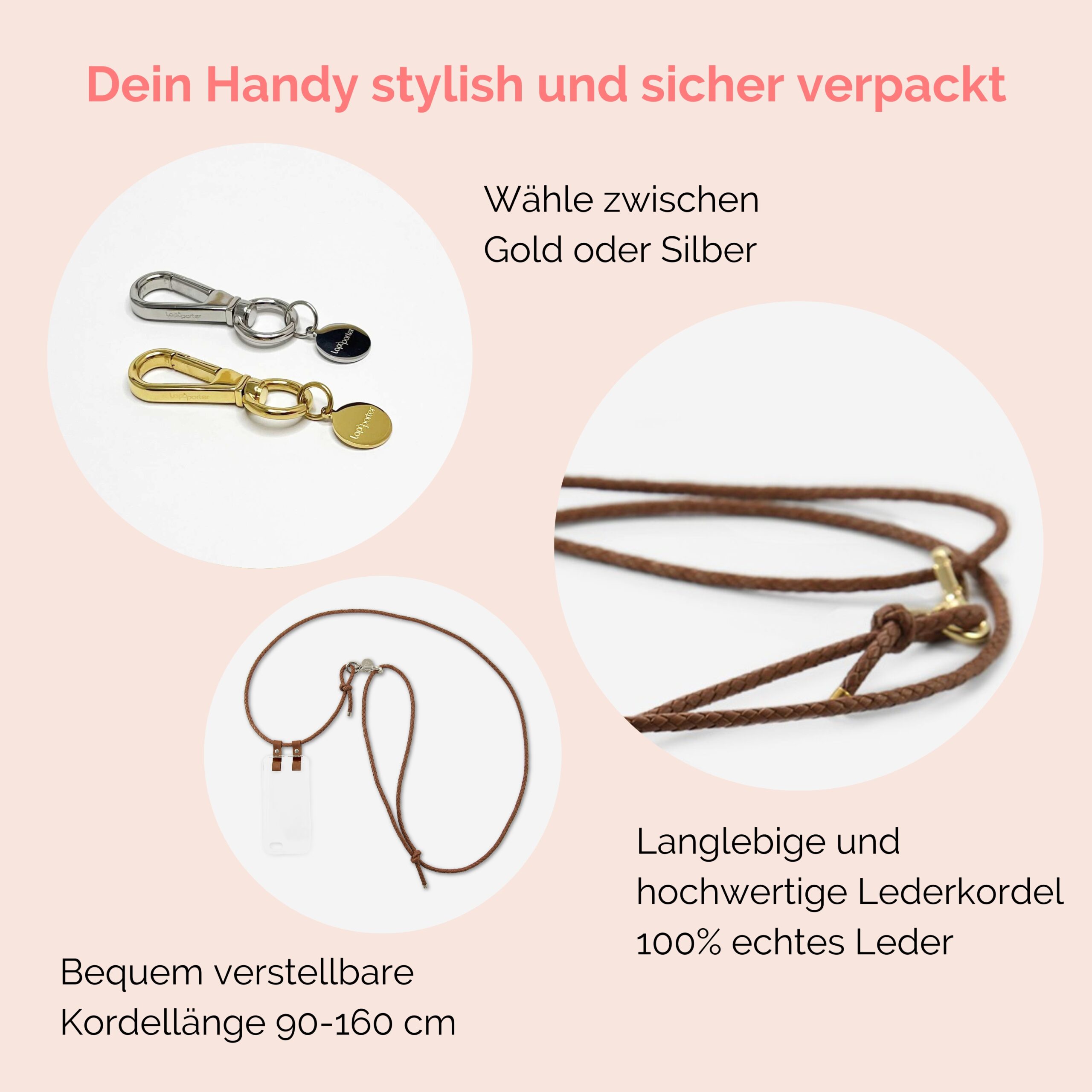 Handylette Leder mit geflochtener Lederkordel und Ledertasche Coco in cognac