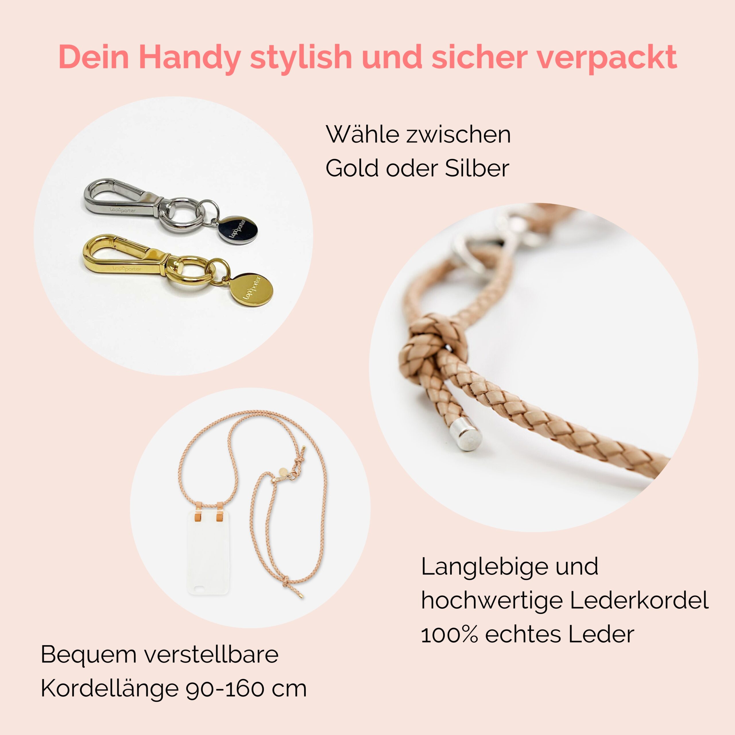 Handylette Leder mit geflochtener Lederkordel und Ledertasche Coco in natur