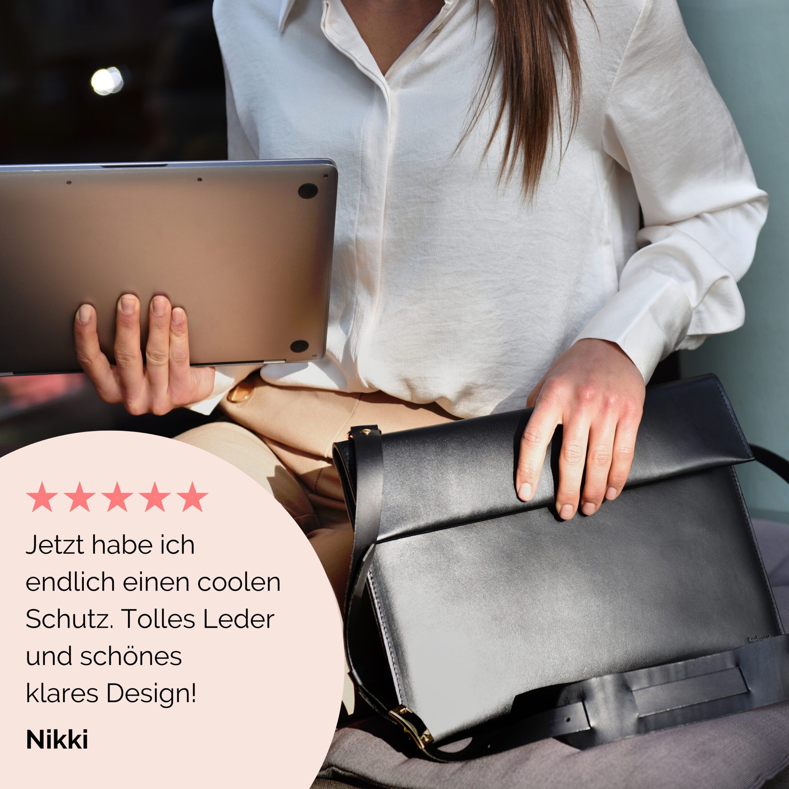 Laptoptasche Leder mit Henkel in schwarz