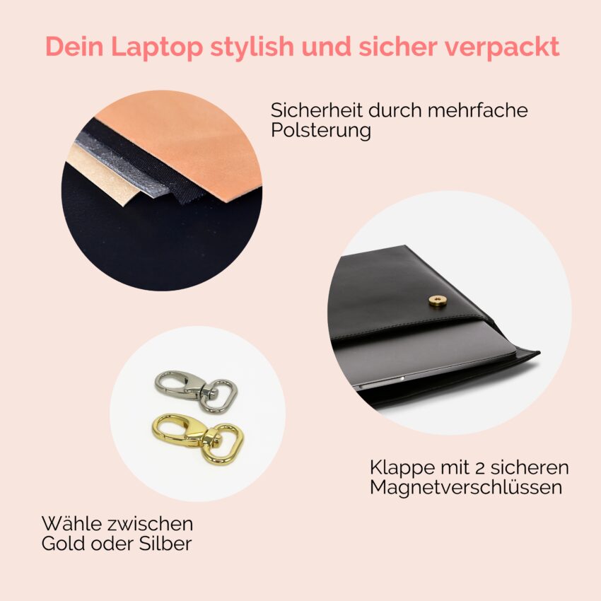 Laptoptasche Leder mit Henkel in schwarz