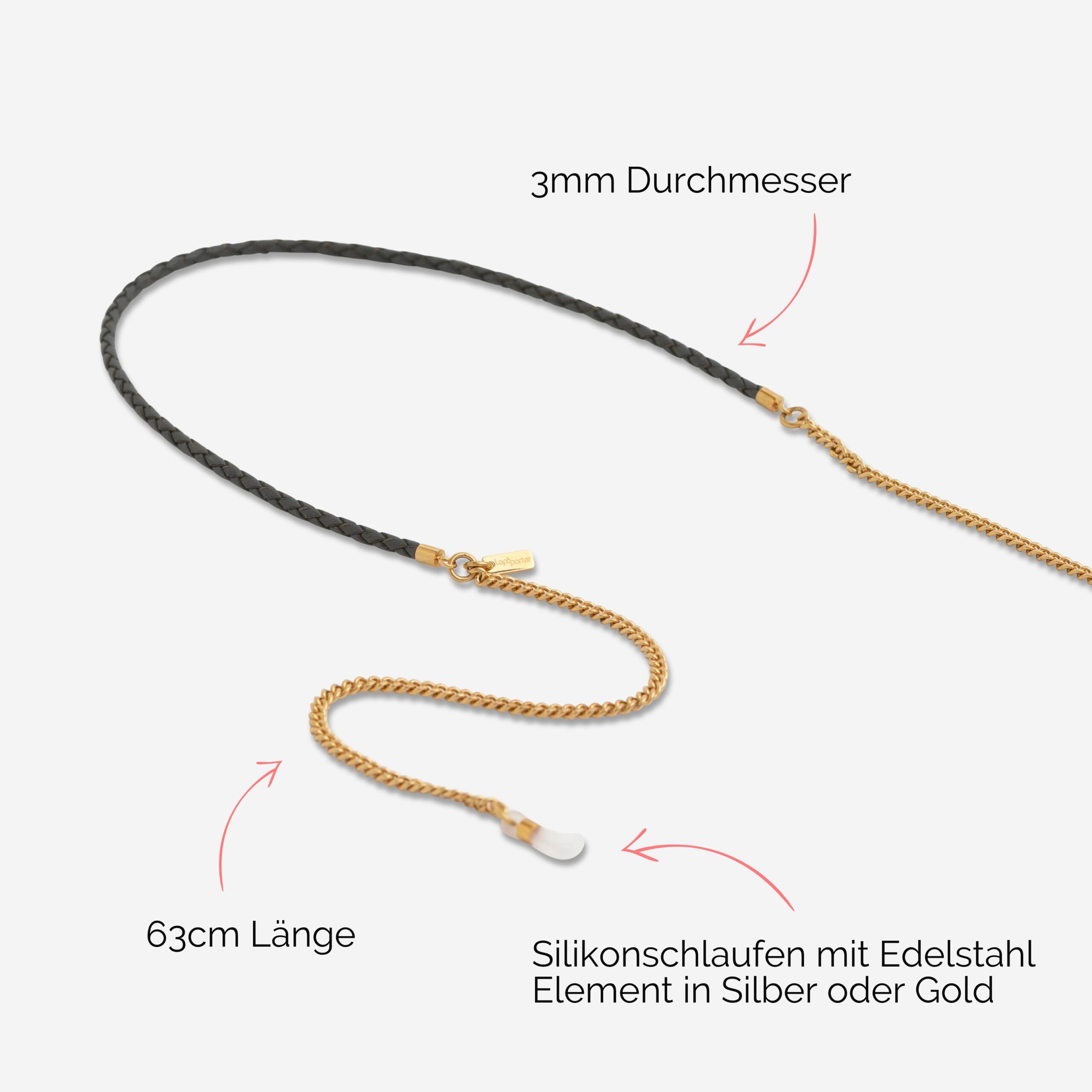 Brillenkette aus echtem Leder mit Edelstahlkette in grau Vivian Lapàporter