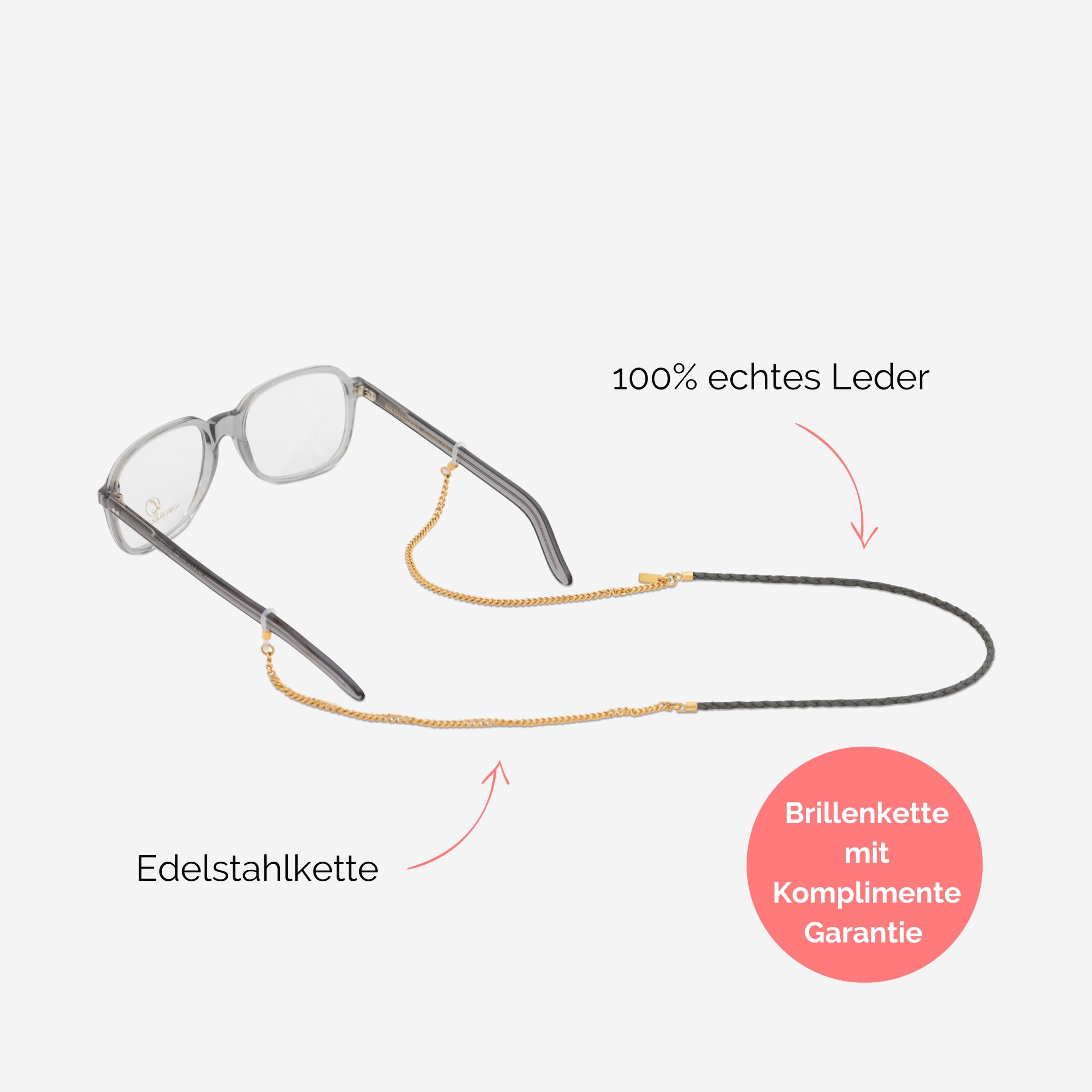 Brillenkette aus echtem Leder mit Edelstahlkette in grau Vivian Lapàporter