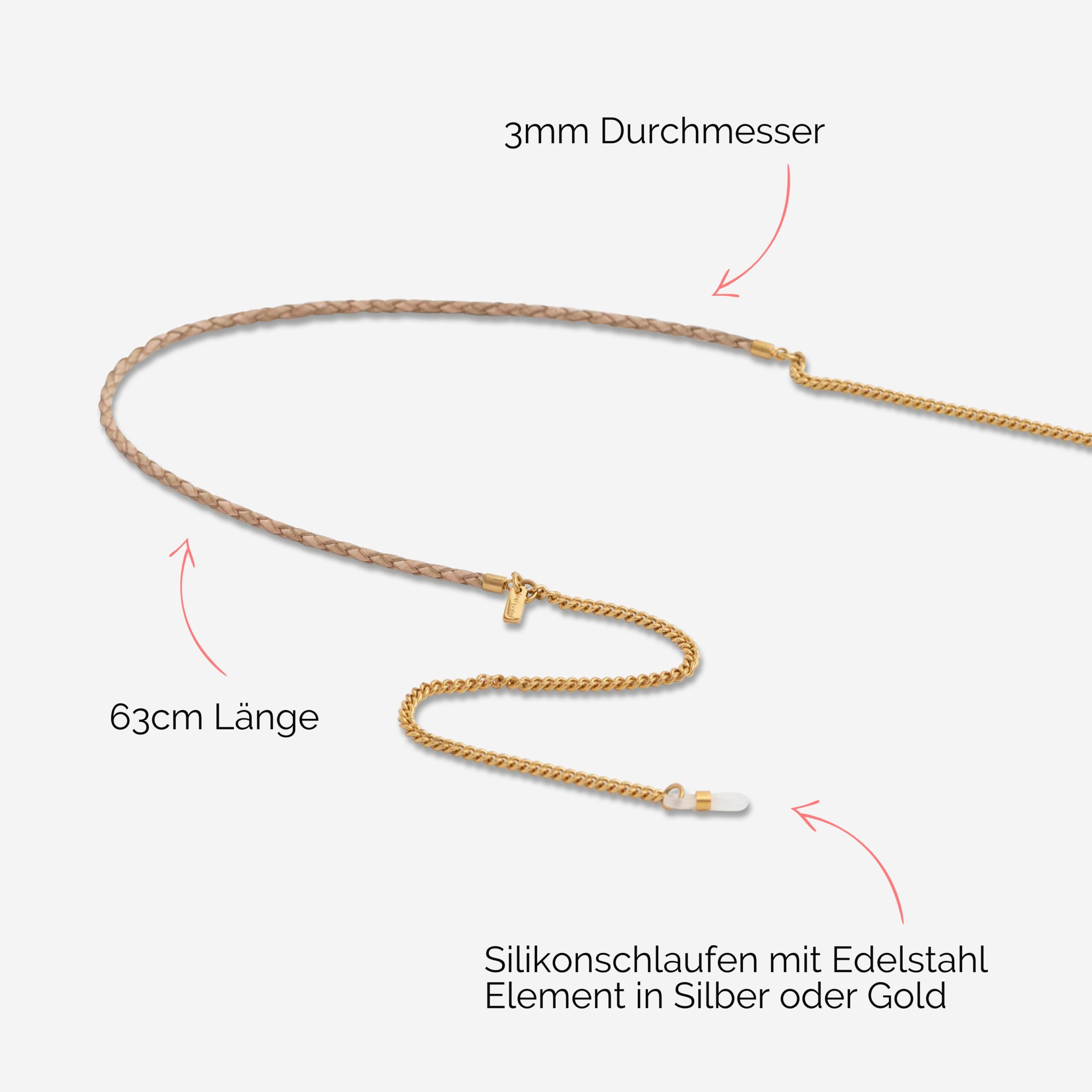 Brillenkette aus echtem Leder mit Edelstahlkette in natur Vivian Lapàporter