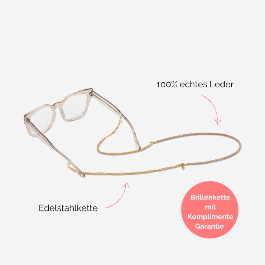 Brillenkette aus echtem Leder mit Edelstahlkette in natur Vivian Lapàporter