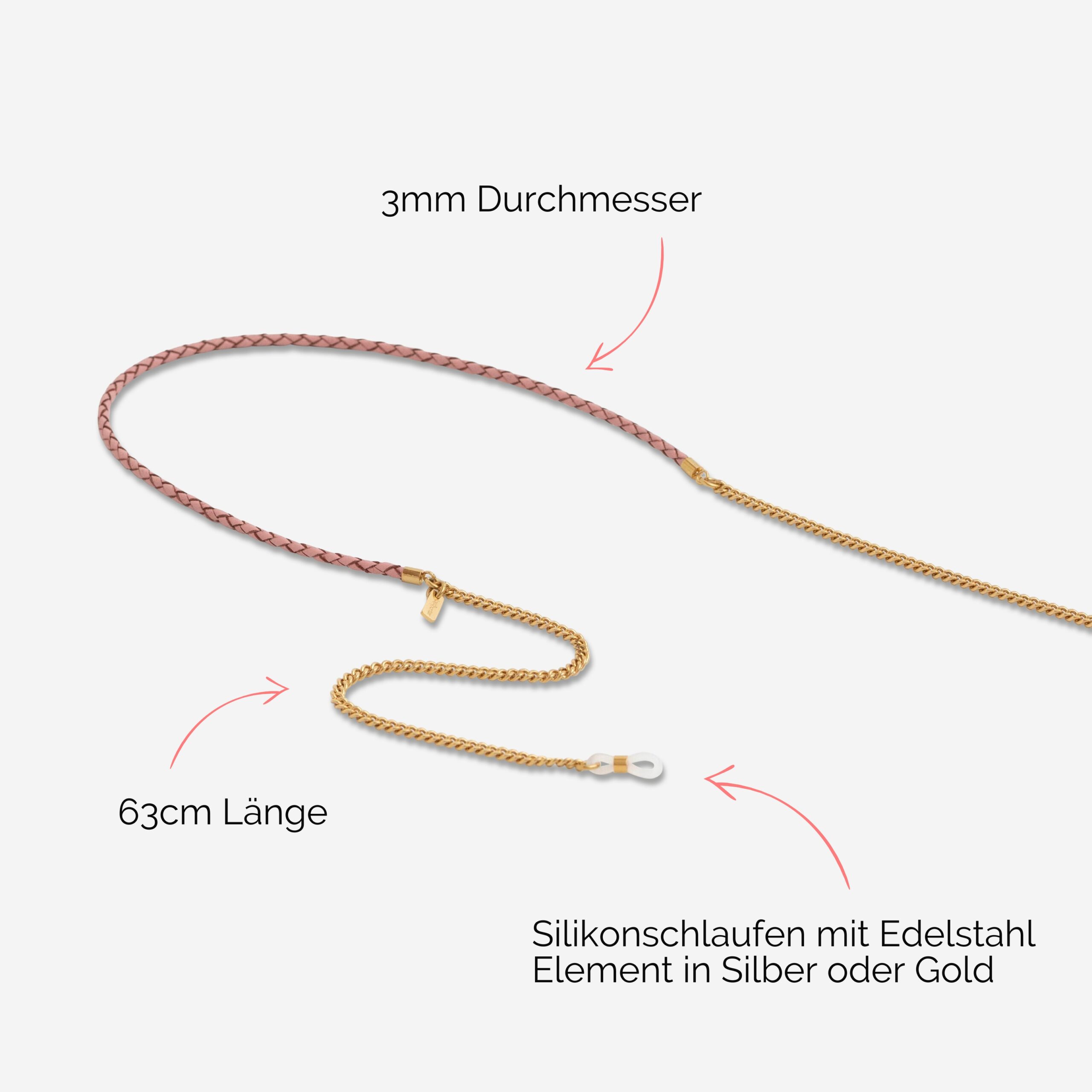 Brillenkette aus echtem Leder mit Edelstahlkette in rosé Vivian Lapàporter