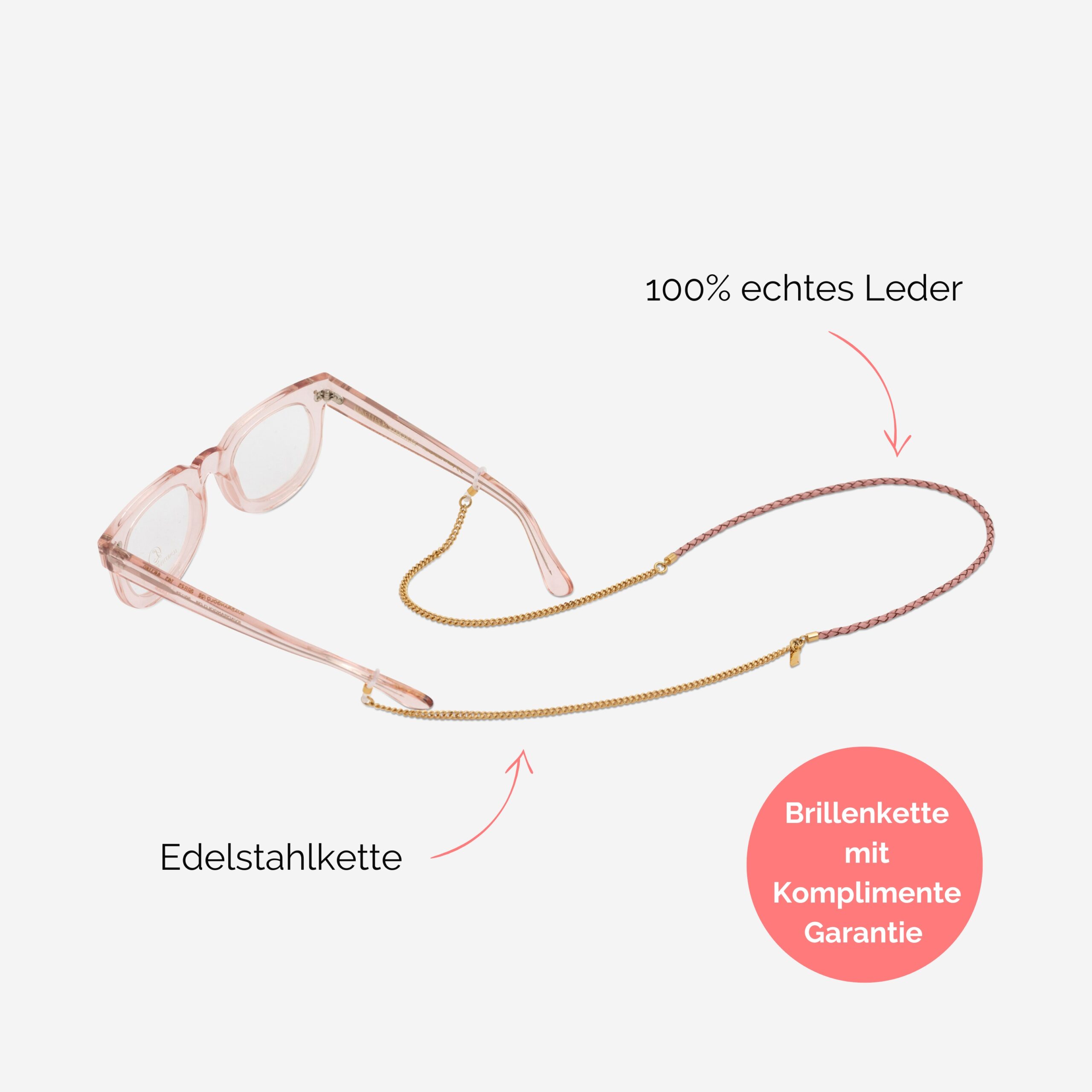 Brillenkette aus echtem Leder mit Edelstahlkette in rosé Vivian Lapàporter