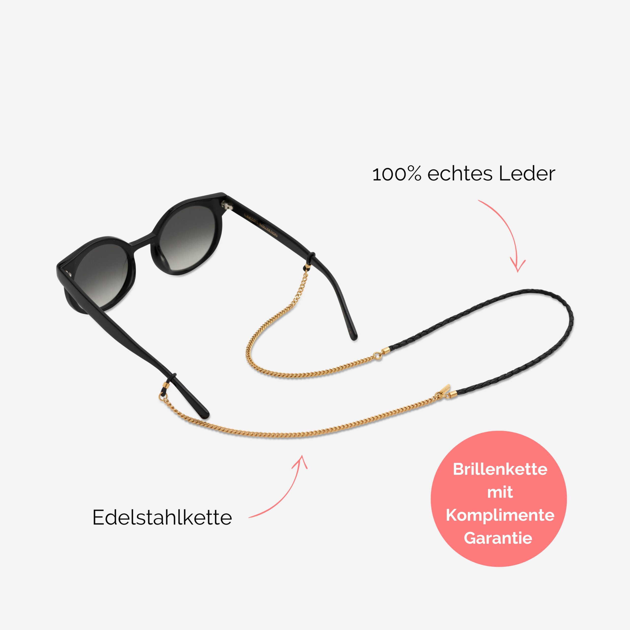 Brillenkette aus echtem Leder mit Edelstahlkette in schwarz Vivian Lapàporter