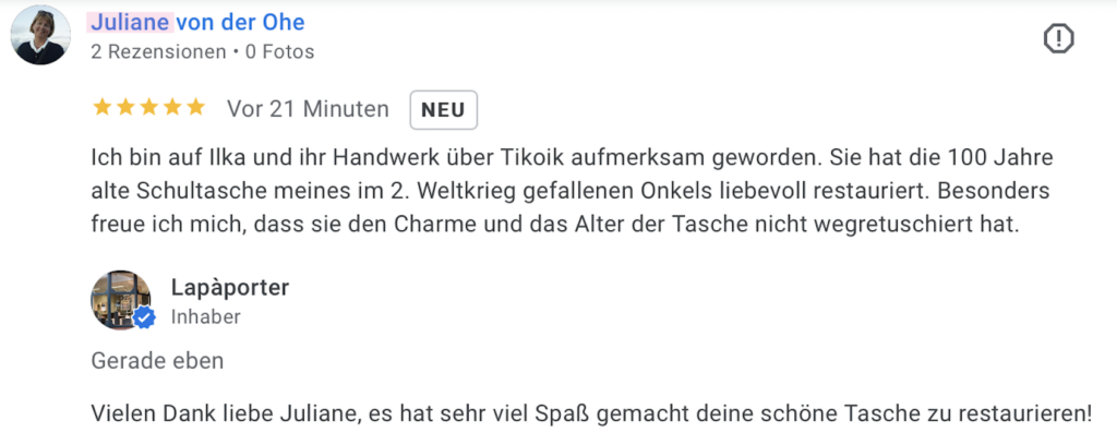 Kundenrezension Ledertaschenreparatur