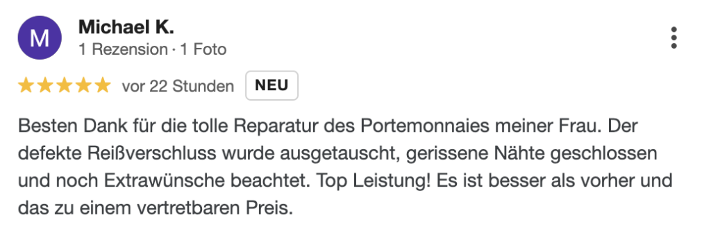 google rezenssion zur Lederreparatur Portemonnaie