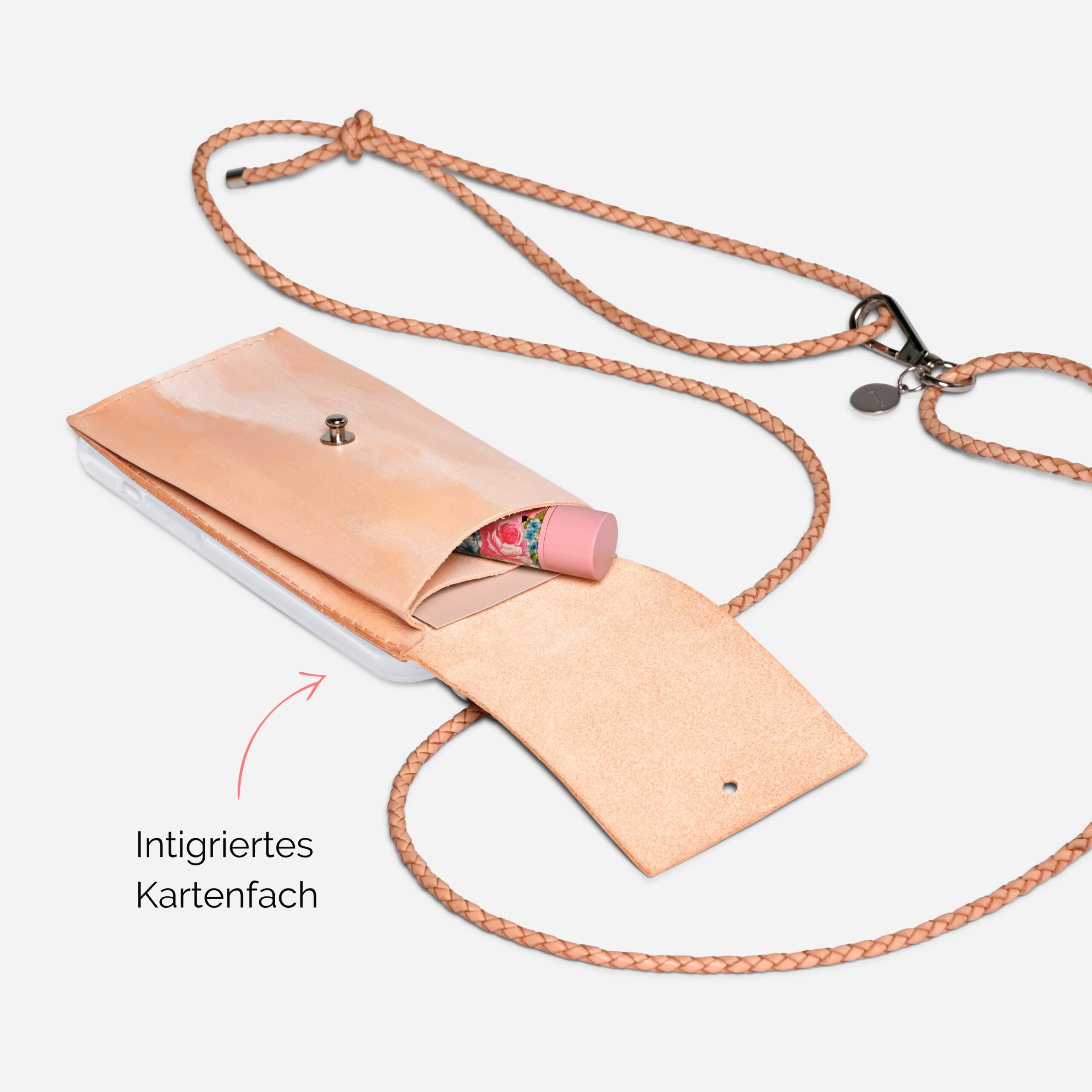 Handykette mit geflochtener Lederkordel und kleiner abnehmbaren Tasche
