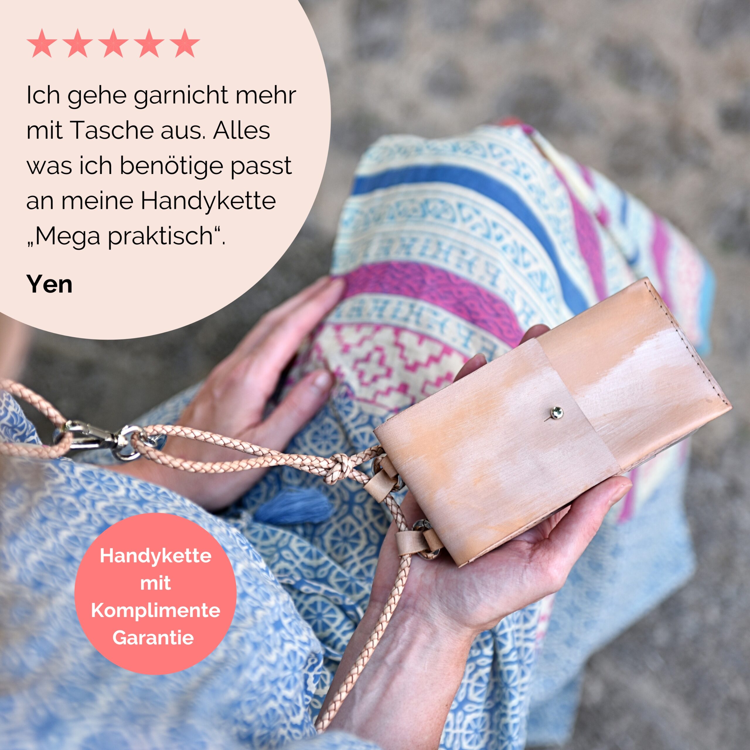 Handykette mit geflochtener Lederkordel und kleiner abnehmbaren Tasche