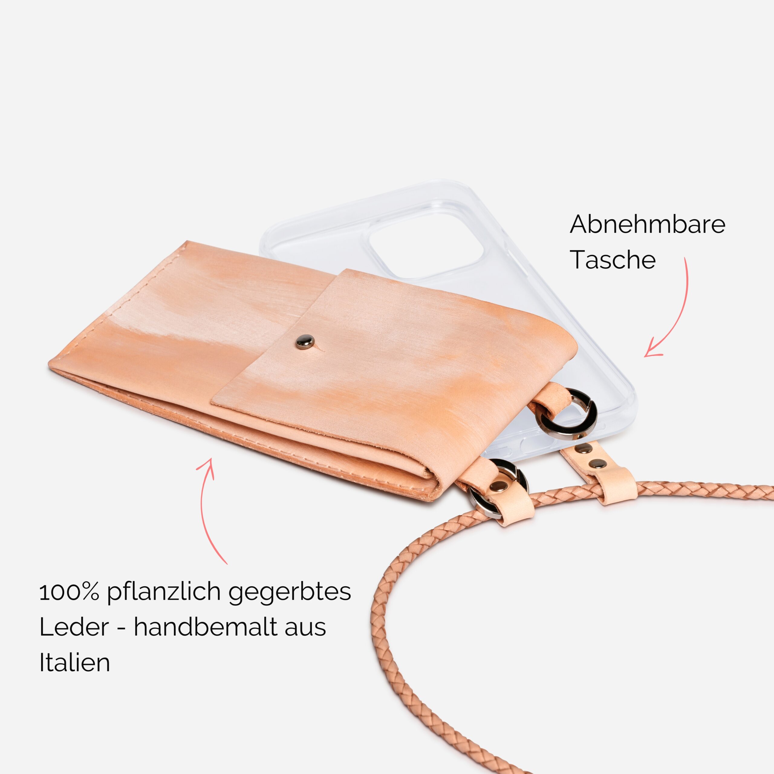 Handykette mit geflochtener Lederkordel und kleiner abnehmbaren Tasche