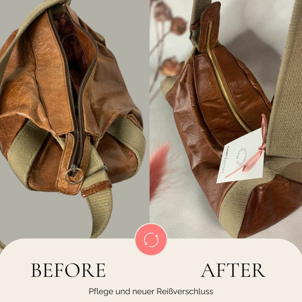 vorher nachher ledertasche reißverschluss reparatur