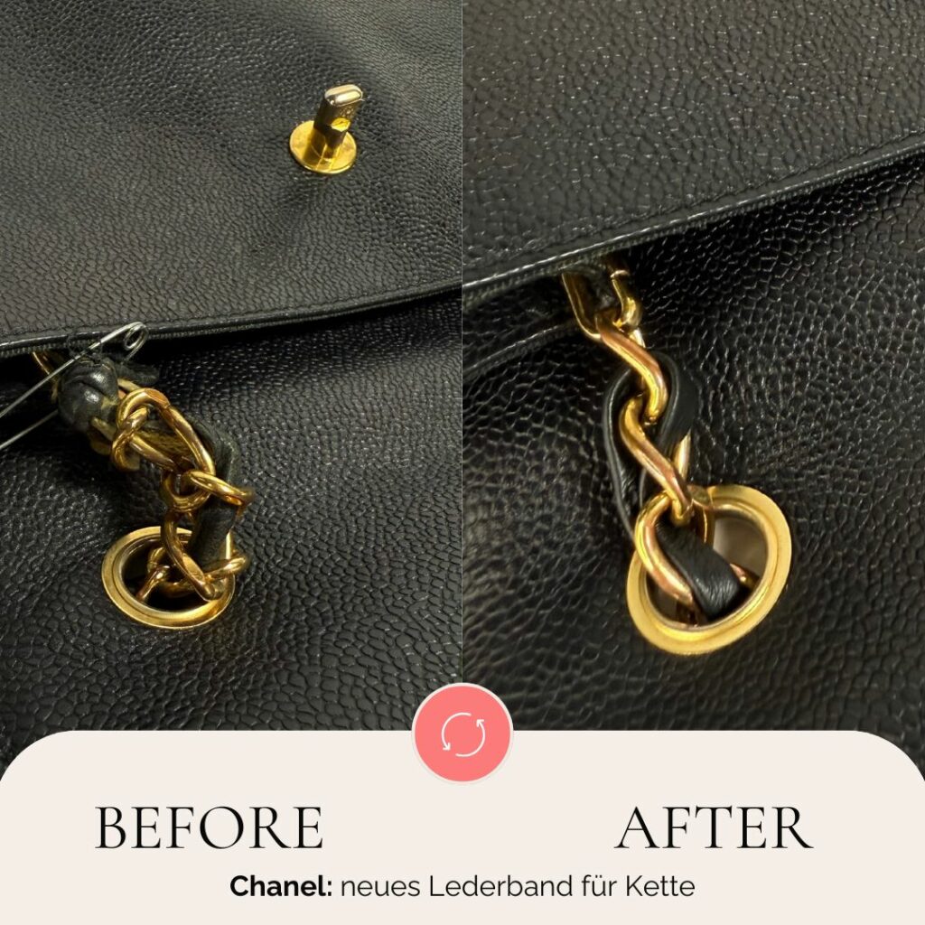 Chanel Taschenreparatur Lederband in Kette vorher nachher