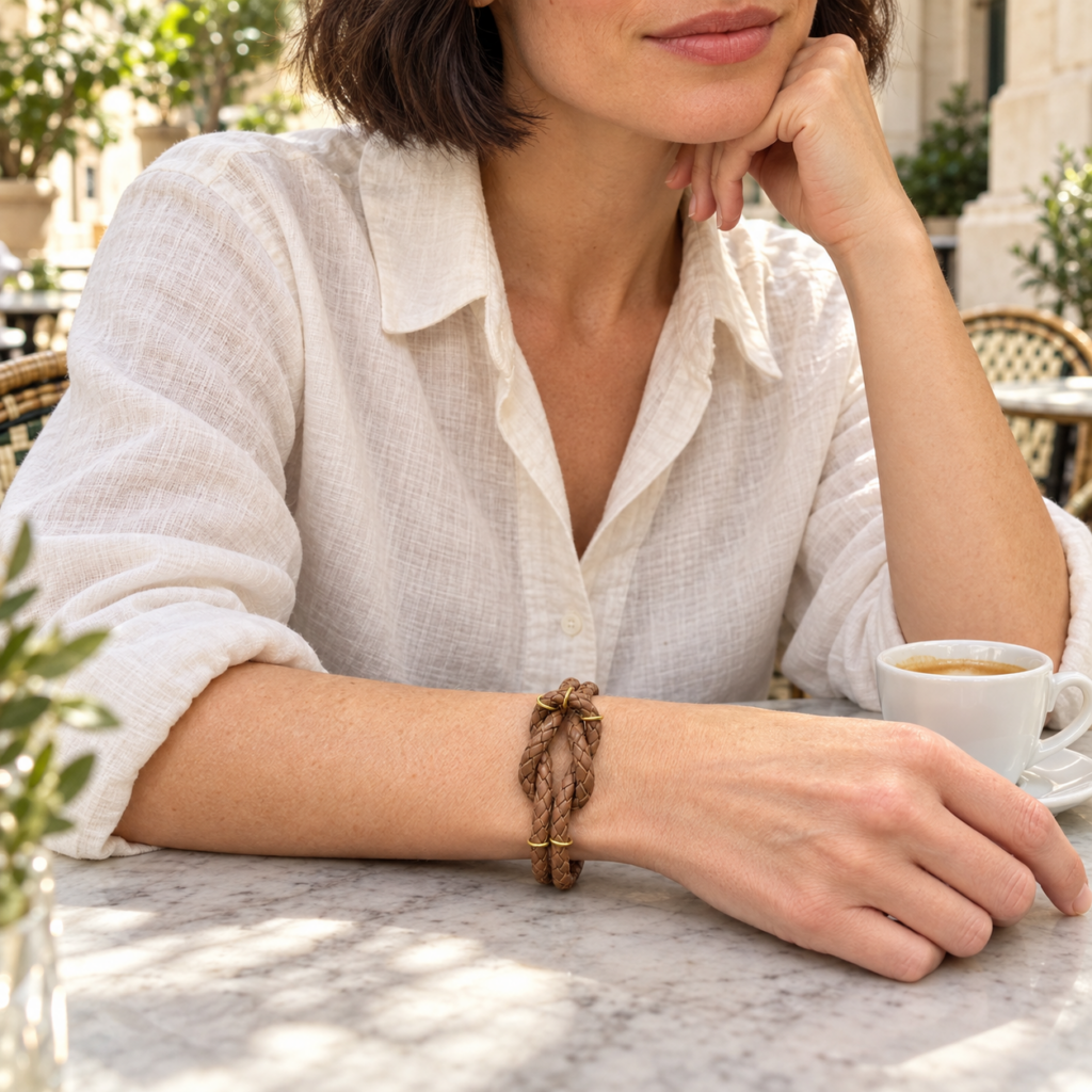 Knoten Lederarmband braun mit Frau